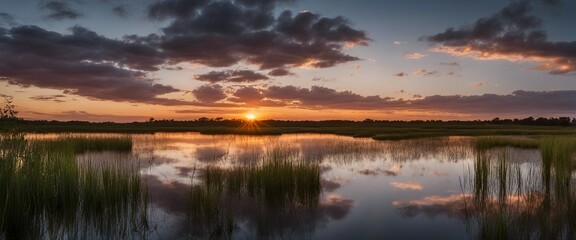 Fototapeta na wymiar Sunset over Wetlands, a stunning sunset reflecting on the waters of a tranquil wetland