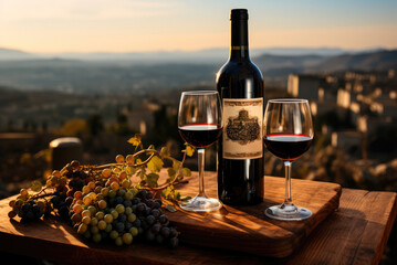 Glass bottle of wine and a glass on the background of the city or vineyards