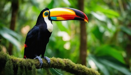 Naklejka premium Toucan in the Rainforest, a colorful toucan in a rainforest setting, its large beak and bright