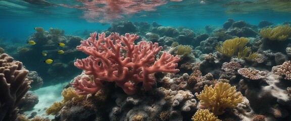 Vibrant Coral Reef, an underwater scene of a vibrant coral reef, reflected on the surface