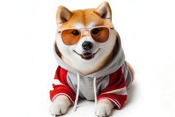 Shibu Inu dog dressed in a sweatshirt and sunglasses isolated on white background. ai generative