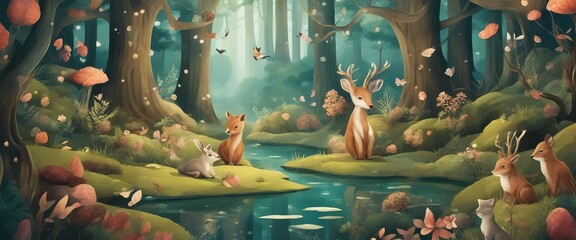 Whimsical Forest Illustration, an enchanting wallpaper with illustrated forest animals and trees - obrazy, fototapety, plakaty