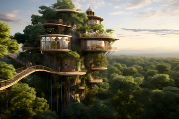 Treehouse Building with Suspension Bridge Access - obrazy, fototapety, plakaty