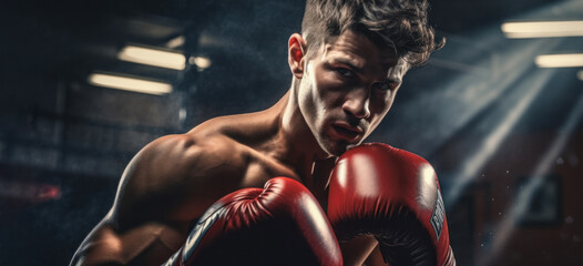 A boxer in the gym, focused on training. His gaze is directed at the camera, preparing to strike. The lighting highlights tense muscles and determination