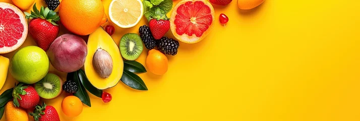 Foto op Canvas Tropical fruit salad on yellow background © Brian
