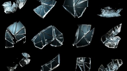 Broken glass fragments flow in a group of glass fragments on a black background, revealing the damage to the glass.