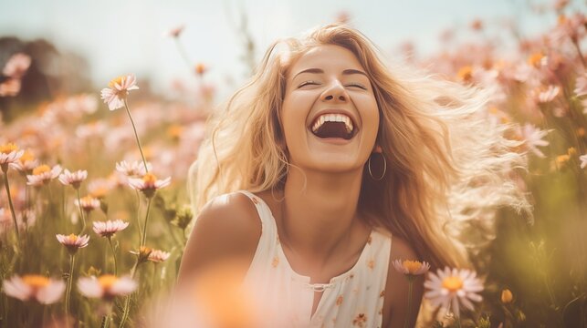 A positive and radiant woman laughing heartily amidst a field of blooming flowers, capturing the essence of joy and happiness
