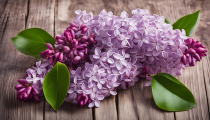 Purple lilac flowers on wooden table