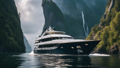 Yacht in Misty Fjords, an elegant yacht sailing in the misty fjords, surrounded by towering cliffs - obrazy, fototapety, plakaty