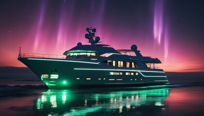  Yacht Under Northern Lights, a modern yacht set against the backdrop of the stunning Northern...
