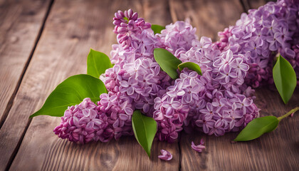 The beautiful purple lilac on a wooden background