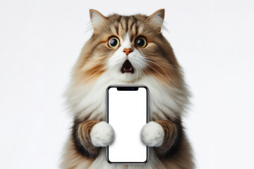Shocked cat holding smartphone with white mockup screen on isolated on solid color background. ai generative