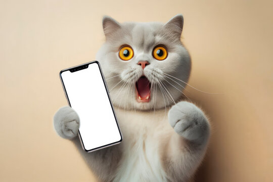 Shocked cat holding smartphone with white mockup screen on isolated on solid color background. ai generative