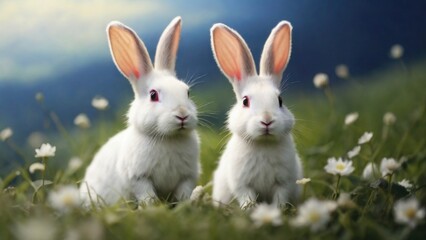 Obraz premium white rabbit on the grass