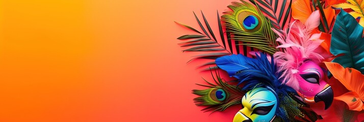 Colorful leaves, petals, and feathers - vibrant abstract banner with copy space - obrazy, fototapety, plakaty