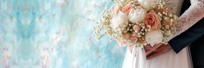 Bride in wedding dress holding bouquet