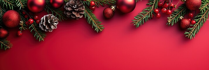 Christmas decorations and holly on solid red banner background with copy space