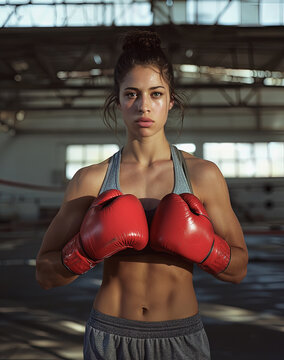 mujer boxeadora joven mirando a camara con los guantes de boxeo puestos  preparada para entrenar en un gimnasio vistiendo top y pantal&oacute;n deportivo, sobre fondo desenfocado del interior del gimnasio