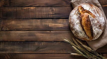 Freshly baked bread on a wooden background. Space for text. Generated AI