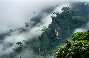 Fototapeta premium Whispers of the Jungle: Monkey in the Mist - Graceful Navigation Through the Ethereal Veil of Mystery. generative AI