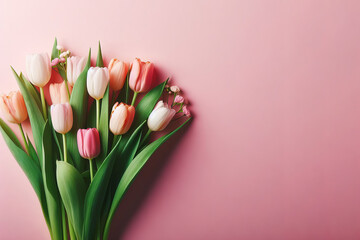 A bouquet of tulips on a pale pink blue background, free space for text