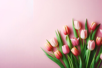 A bouquet of tulips on a pale pink background, free space for text