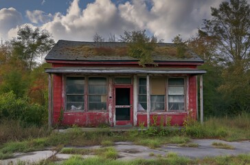 A Decayed Red Building With a Green Roof in Neglected State