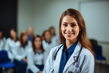 An authentic portrayal of a female doctor or nurse, confidently smiling and standing in the front row of a medical training class or seminar room, offering ample copy space in the background