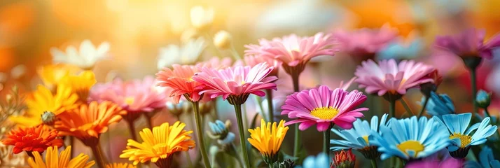 Gordijnen Colorful daisy flowers on panoramic banner © Brian