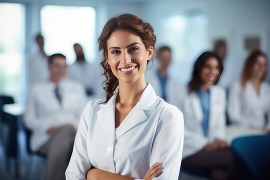 An authentic portrayal of a female doctor or nurse, confidently smiling and standing in the front row of a medical training class or seminar room, offering ample copy space in the background
