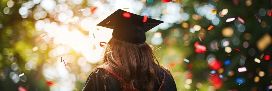 Woman graduating with cap and gown at graduation