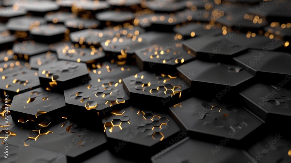 Poster grayscale hexagonal pattern flowing like liquid metal, accented with geometric golden squares scatte