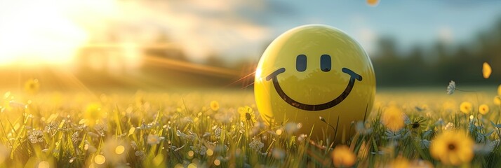Yellow smiley outdoors in grassy field on sunny day