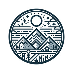 line art mountains and stars inside circle