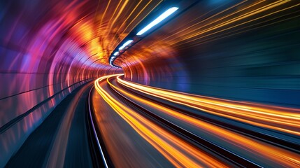 High-speed light trails bending through a tunnel of darkness