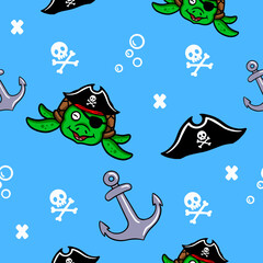 Illustration of cute turtle pirate pattern using pirate hat, ship anchor with flat design and blue background. Suitable for wrapping paper, tablecloths, children's cloth, etc
