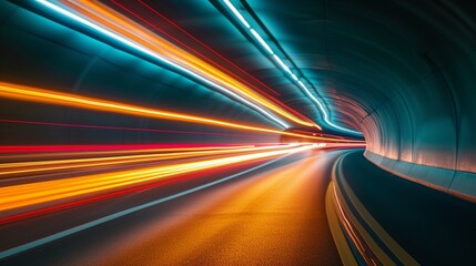 High-speed light trails bending through a tunnel of darkness