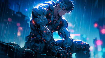 Tired Cyberpunk soldier, sitting in the rain in dark urban surroundings.