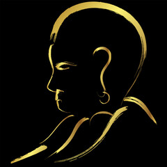 Golden monk face brush stroke over black background