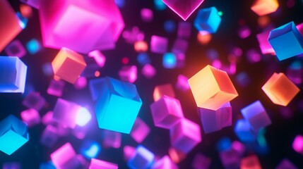 Neon-colored paper squares, floating against a dark backdrop, glowing as if illuminated from within for a futuristic effect