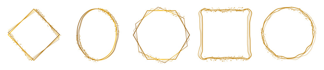 Set of gold frames on transparent background. Modern golden confetti geometric figures stripes border. Vector illustration.