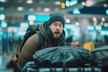 upset tourist traveler is late for a flight and has lost his bag of luggage and looks at the camera with shock on his face, traveling in the airport