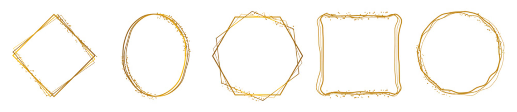 Set of gold frames on transparent background. Modern golden confetti geometric figures stripes border. Vector illustration.