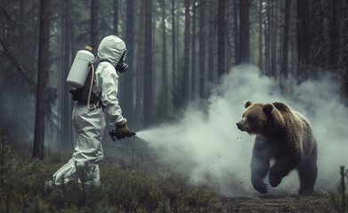 a man in chemical protective equipment sprays poisonous gas through the forest, damage to wild animals, threat to bears, forest and forest animals in danger from human poisoning