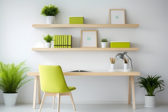 A minimalist home office with a white desk, a lime green chair, and floating shelves displaying colorful books and decor.
