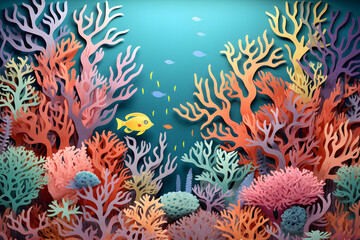 Fototapeta na wymiar Underwater coral reef paper cut background