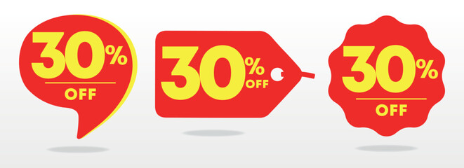 30% off. Special offer, sticker, set, sale. Poster price discount, value. Red, yellow balloon, tag. Advertising, promo, discount, store. Icon, symbol, vector. Campaign retail