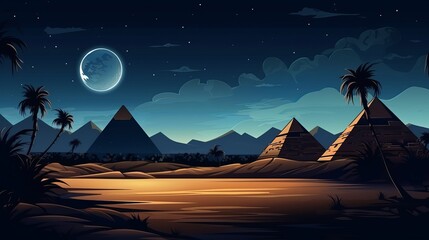 The desert of egypt is dotted with rivers and pyramids at night.