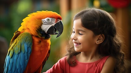 little girl captivated by a macaw parrot in the zoo.
