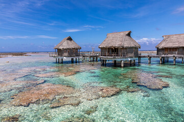 French Polynesia atoll with typical overwater bungalows and pink coral reef in full sun light.